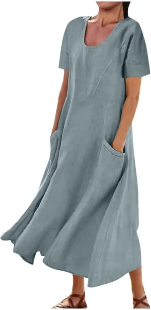 Women Flowy Cotton Linen Midi Dress Short Sleeve Casual Summer Dresses A Line Beach Dresses with Pockets