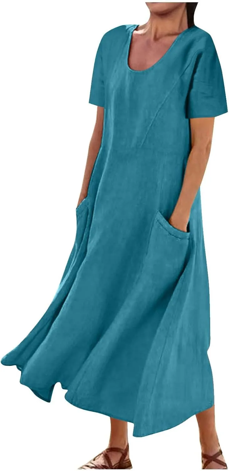 Women Flowy Cotton Linen Midi Dress Short Sleeve Casual Summer Dresses A Line Beach Dresses with Pockets