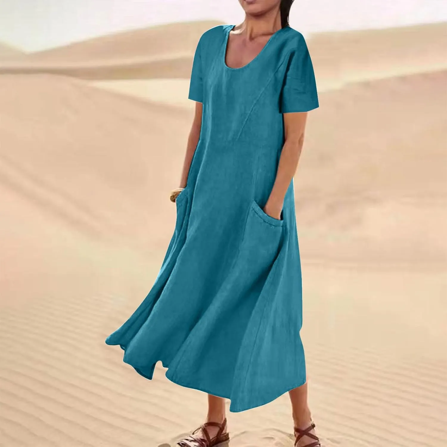 Women Flowy Cotton Linen Midi Dress Short Sleeve Casual Summer Dresses A Line Beach Dresses with Pockets