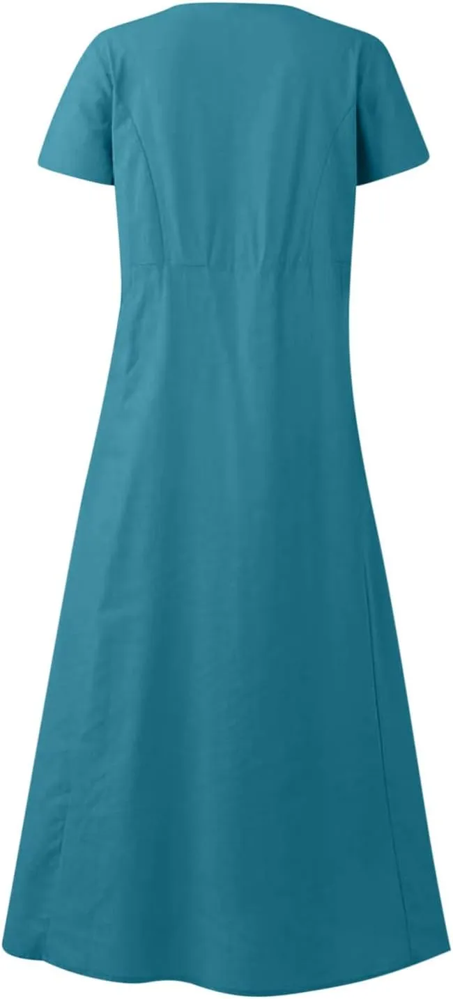 Women Flowy Cotton Linen Midi Dress Short Sleeve Casual Summer Dresses A Line Beach Dresses with Pockets