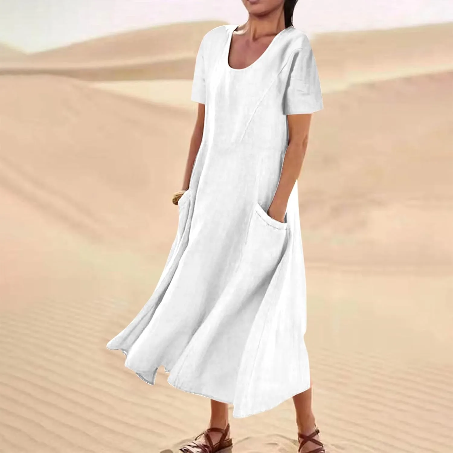 Women Flowy Cotton Linen Midi Dress Short Sleeve Casual Summer Dresses A Line Beach Dresses with Pockets