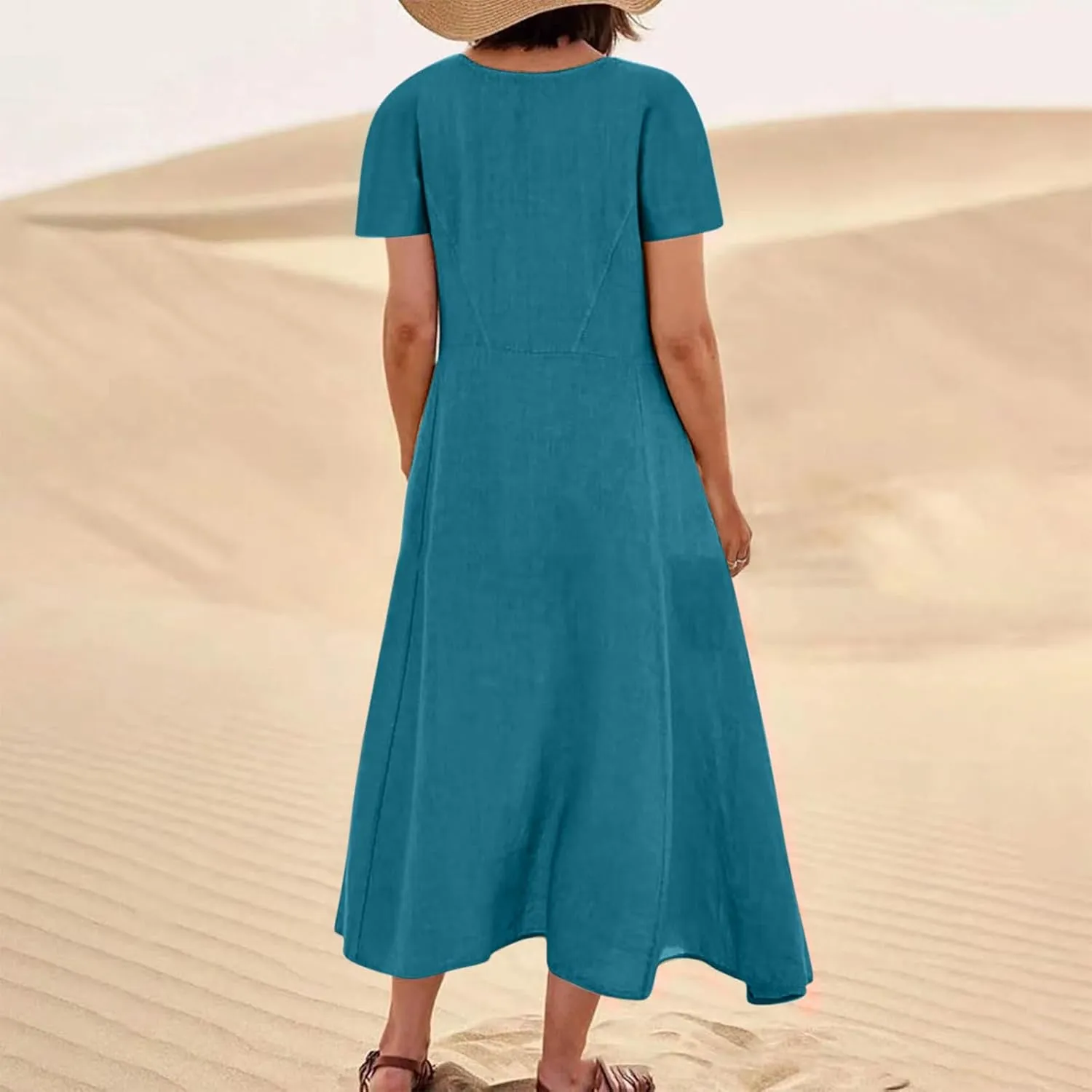 Women Flowy Cotton Linen Midi Dress Short Sleeve Casual Summer Dresses A Line Beach Dresses with Pockets