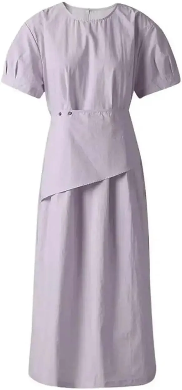 Women Irregular Patchwork Thin Midi Dress Loose Crew Neck Short Sleeve Casual Dresses