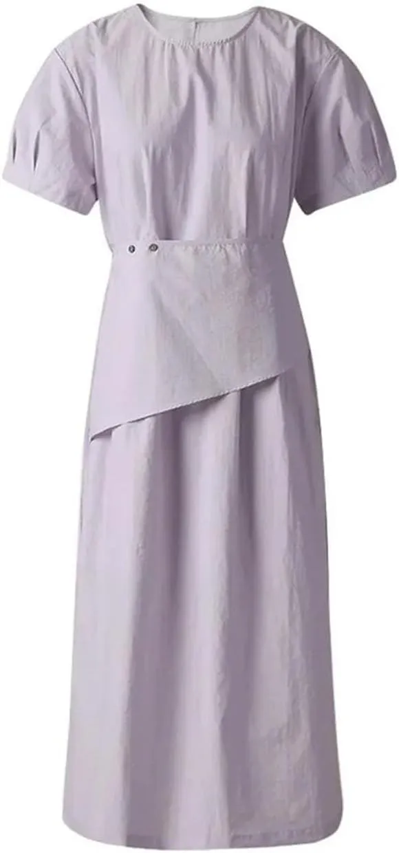 Women Irregular Patchwork Thin Midi Dress Loose Crew Neck Short Sleeve Casual Dresses