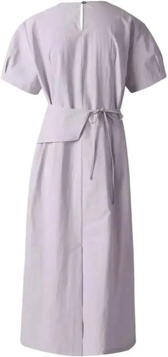 Women Irregular Patchwork Thin Midi Dress Loose Crew Neck Short Sleeve Casual Dresses