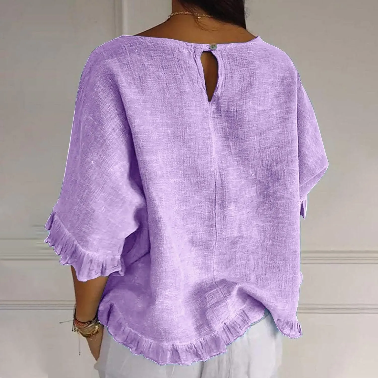 Women Linen Shirts Summer Casual Plus Size Beach Vacation Half Sleeve Gauze Tees Tops Crewneck Cotton Blouses Clothes