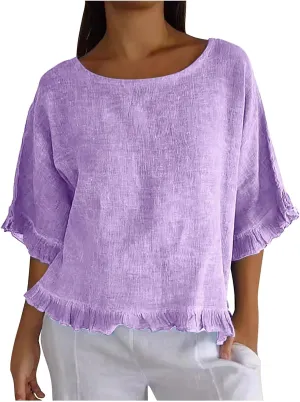 Women Linen Shirts Summer Casual Plus Size Beach Vacation Half Sleeve Gauze Tees Tops Crewneck Cotton Blouses Clothes