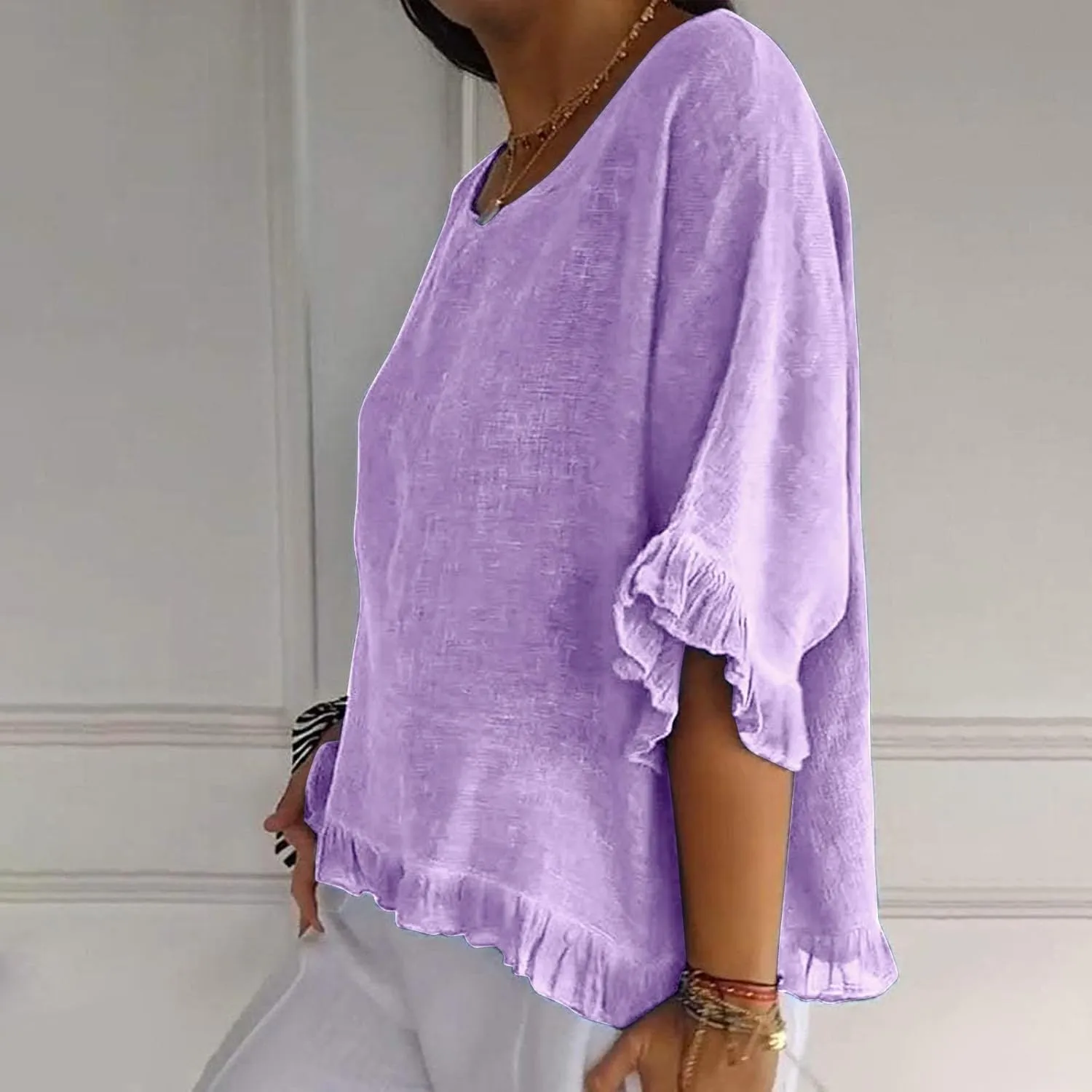 Women Linen Shirts Summer Casual Plus Size Beach Vacation Half Sleeve Gauze Tees Tops Crewneck Cotton Blouses Clothes