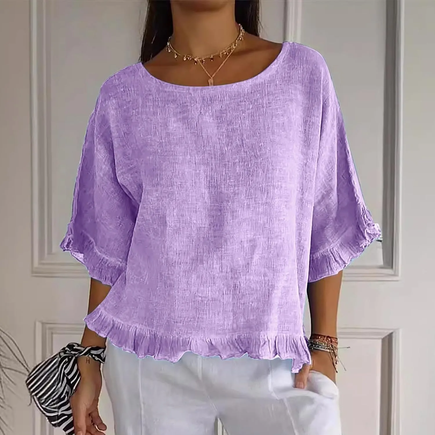Women Linen Shirts Summer Casual Plus Size Beach Vacation Half Sleeve Gauze Tees Tops Crewneck Cotton Blouses Clothes