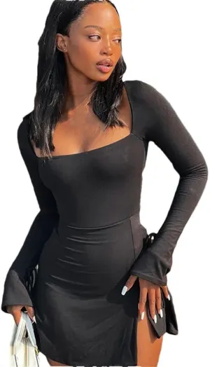 Women Sexy Mini Dresses Solid Spring Long Sleeves Lace Split Bodycon Lady Elegant Knitted Dresses