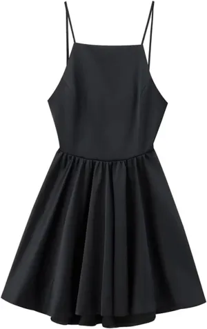 Women Sexy Slim Black Cutout Halter Mini Dress French Backless Pleated Back Zipper Party Dress