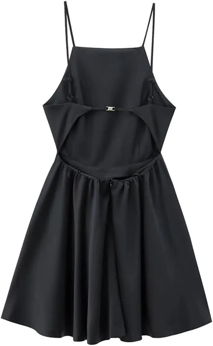 Women Sexy Slim Black Cutout Halter Mini Dress French Backless Pleated Back Zipper Party Dress