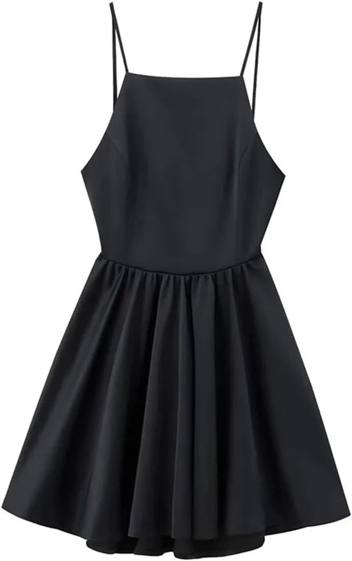 Women Sexy Slim Black Cutout Halter Mini Dress French Backless Pleated Back Zipper Party Dress