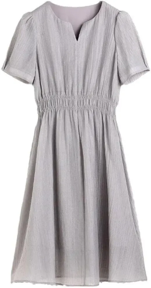 Women Slim Holiday Beach Midi Dress Crew Neck Short Sleeve Waist Pleated Dress