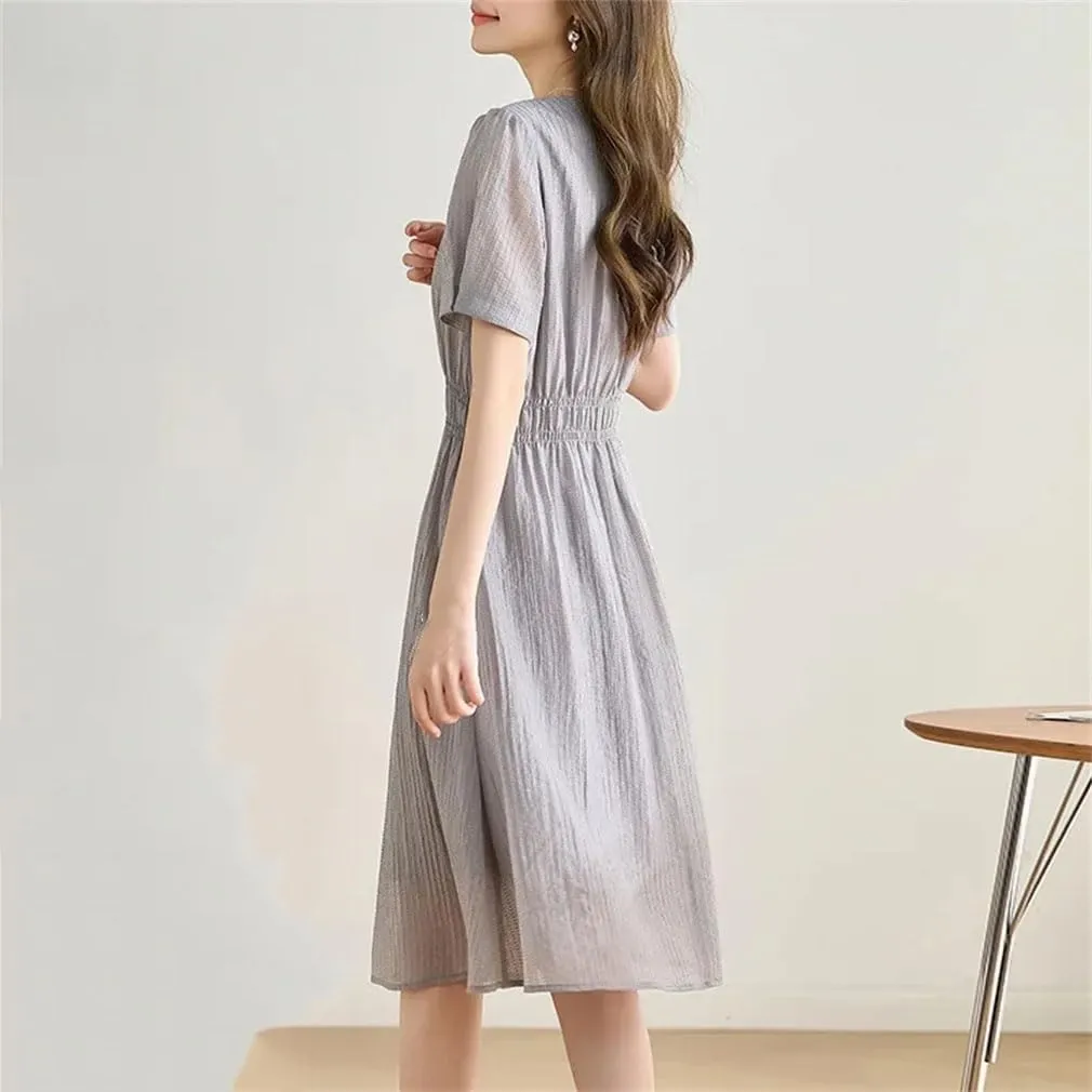 Women Slim Holiday Beach Midi Dress Crew Neck Short Sleeve Waist Pleated Dress