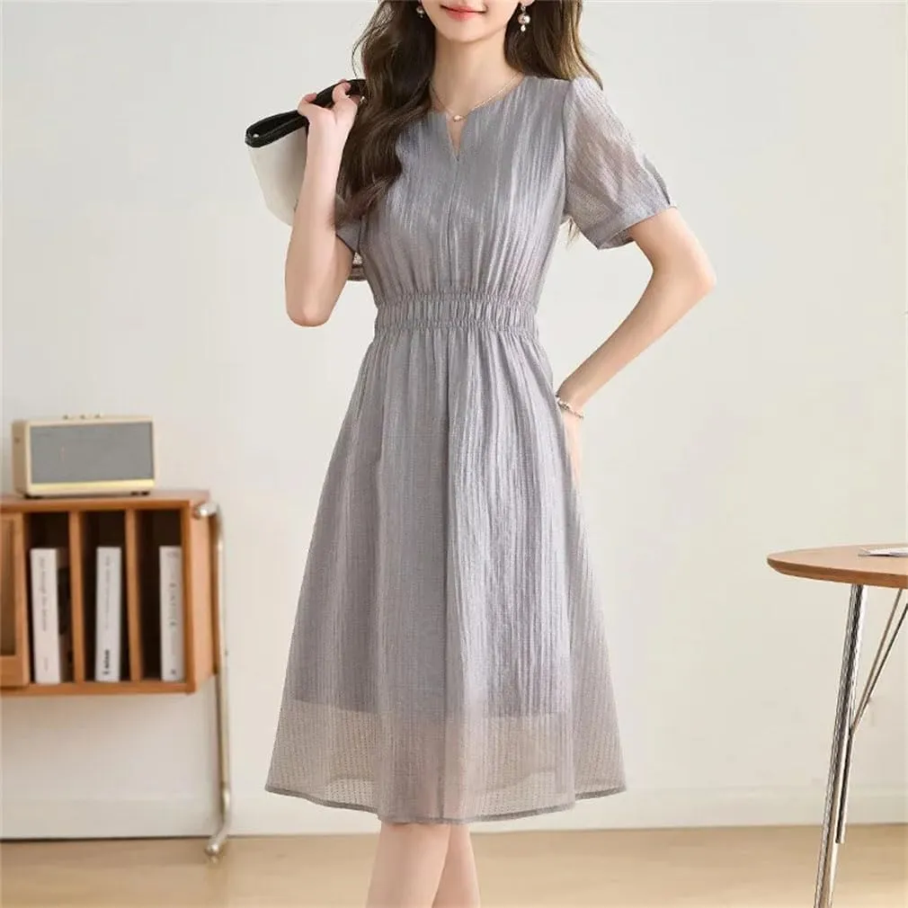 Women Slim Holiday Beach Midi Dress Crew Neck Short Sleeve Waist Pleated Dress