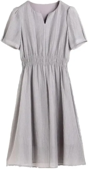 Women Slim Holiday Beach Midi Dress Crew Neck Short Sleeve Waist Pleated Dress