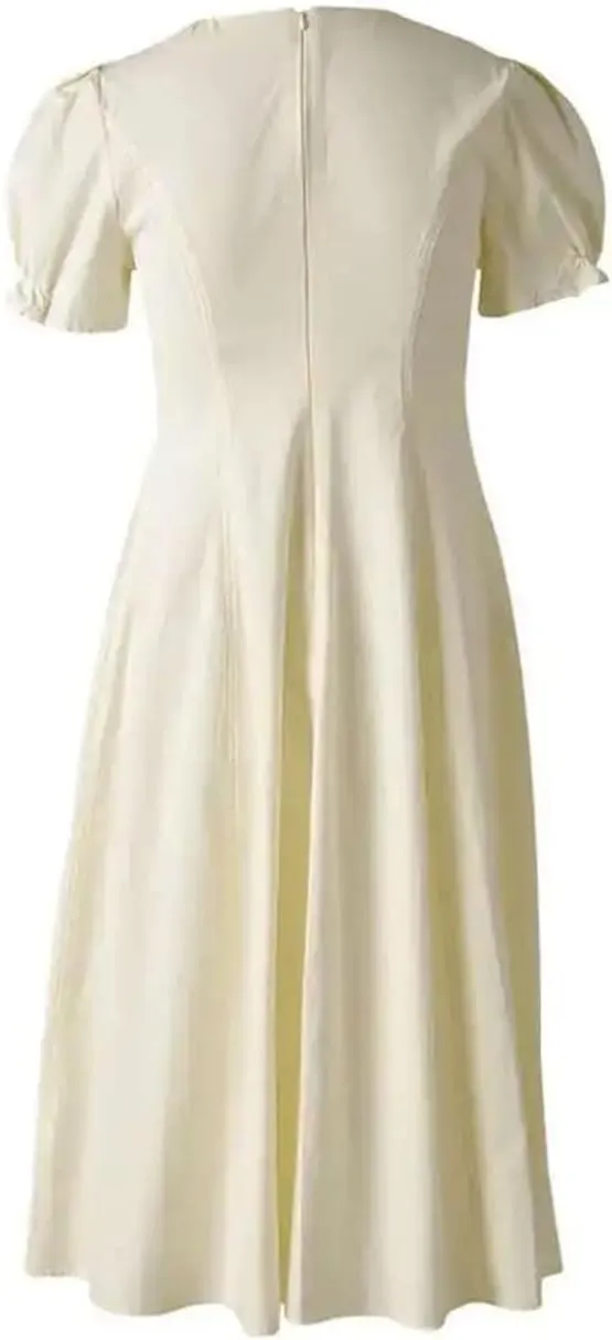 Women Slim Midi Dress Casual Crew Neck Short Puff Sleeve Loose Dresses