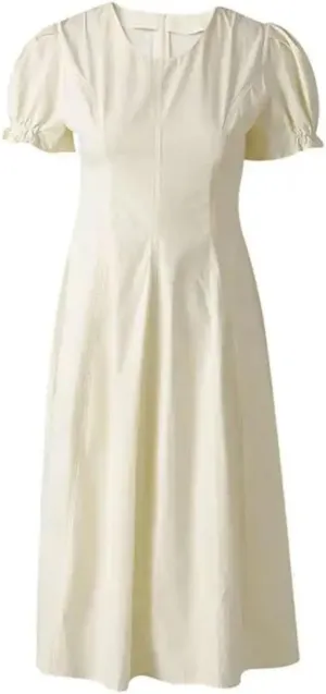 Women Slim Midi Dress Casual Crew Neck Short Puff Sleeve Loose Dresses
