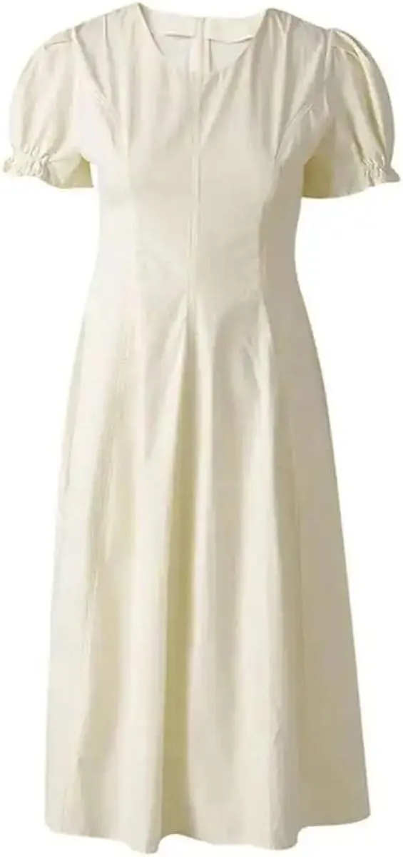 Women Slim Midi Dress Casual Crew Neck Short Puff Sleeve Loose Dresses