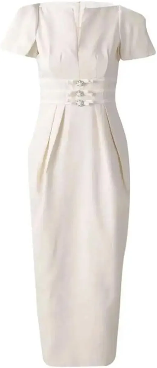 Women Slim Pleated Long Party Dress Square Neck Short Sleeve Office Lady Dresses