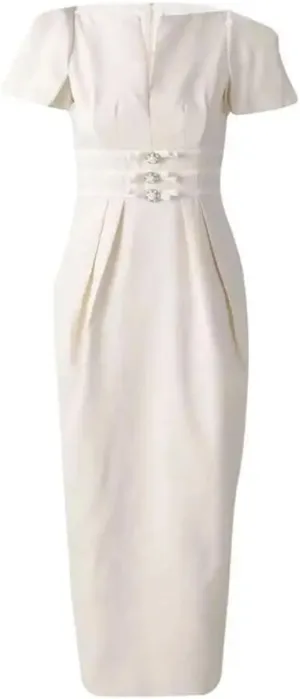 Women Slim Pleated Long Party Dress Square Neck Short Sleeve Office Lady Dresses