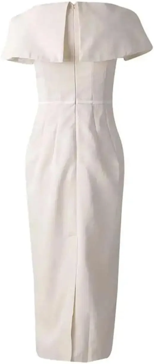 Women Slim Pleated Long Party Dress Square Neck Short Sleeve Office Lady Dresses