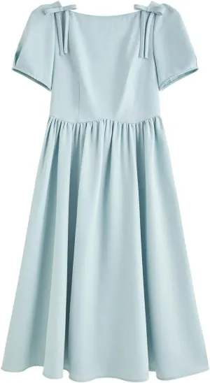 Women Square Neck A-Line Dress Slim Bow Office Lady Midi Dresses