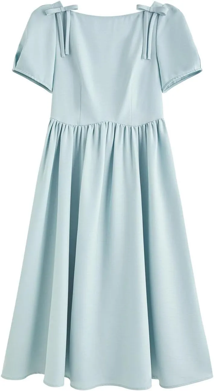 Women Square Neck A-Line Dress Slim Bow Office Lady Midi Dresses