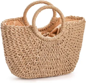 Women Straw Bag, Large Hand-woven Summer Beach Handbag, Handmade Straw Tote Bag, Casual Top-handle Rattan Woven Semi-circle Clutch Bag for Women, Travel, Vacation