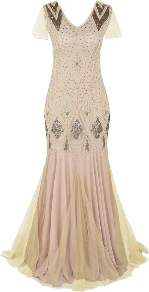 Women Vintage 1920s Gatsby Flapper Evening Party Dress V Neck Art Deco Sequins Mermaid Hem Cocktail Formal Long Maxi Gown