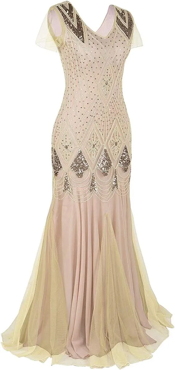 Women Vintage 1920s Gatsby Flapper Evening Party Dress V Neck Art Deco Sequins Mermaid Hem Cocktail Formal Long Maxi Gown