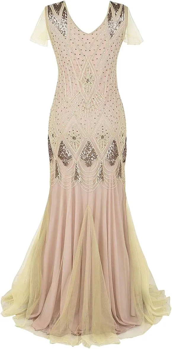 Women Vintage 1920s Gatsby Flapper Evening Party Dress V Neck Art Deco Sequins Mermaid Hem Cocktail Formal Long Maxi Gown