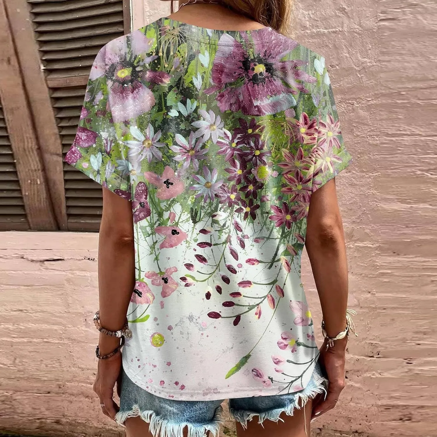 Womens 2024 Summer Tops Floral Short Sleeve V Neck Blouses for Women Dressy Casual Loose Vaction Button Shirts