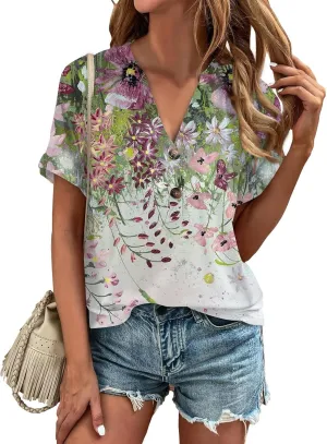 Womens 2024 Summer Tops Floral Short Sleeve V Neck Blouses for Women Dressy Casual Loose Vaction Button Shirts