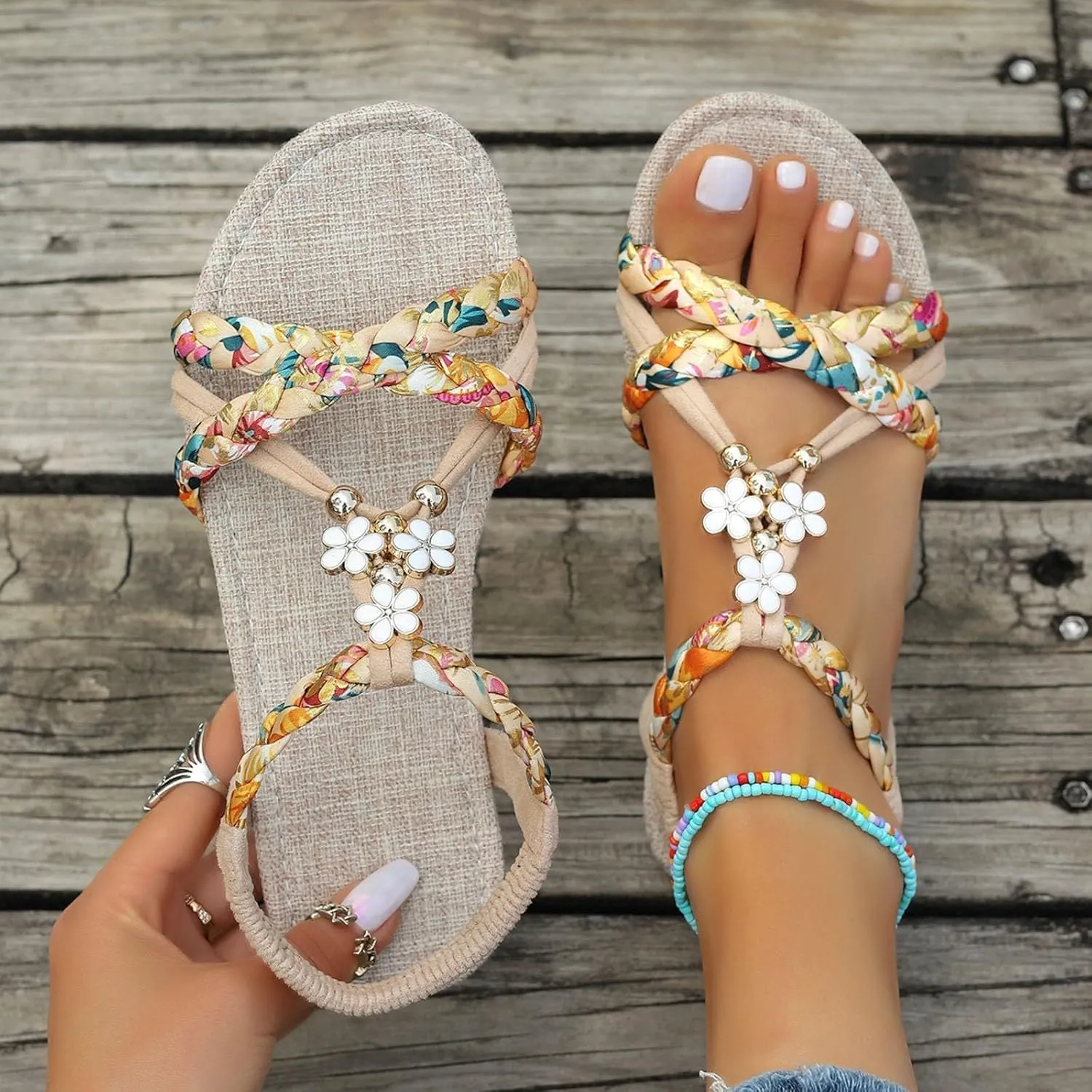 Women's Beaded Boho Sandals 2025 - Dressy & Comfortable - Ideal for Summer Outings & Beach Vacations
