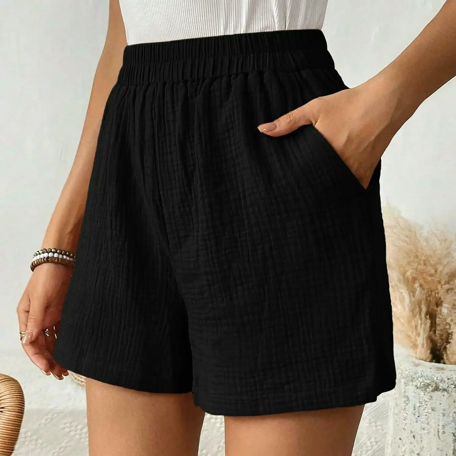 Womens Casual Fashion Cotton for Women Summer Straight Leg Casual Pants High Waist Solid Color Sports Loose Shorts