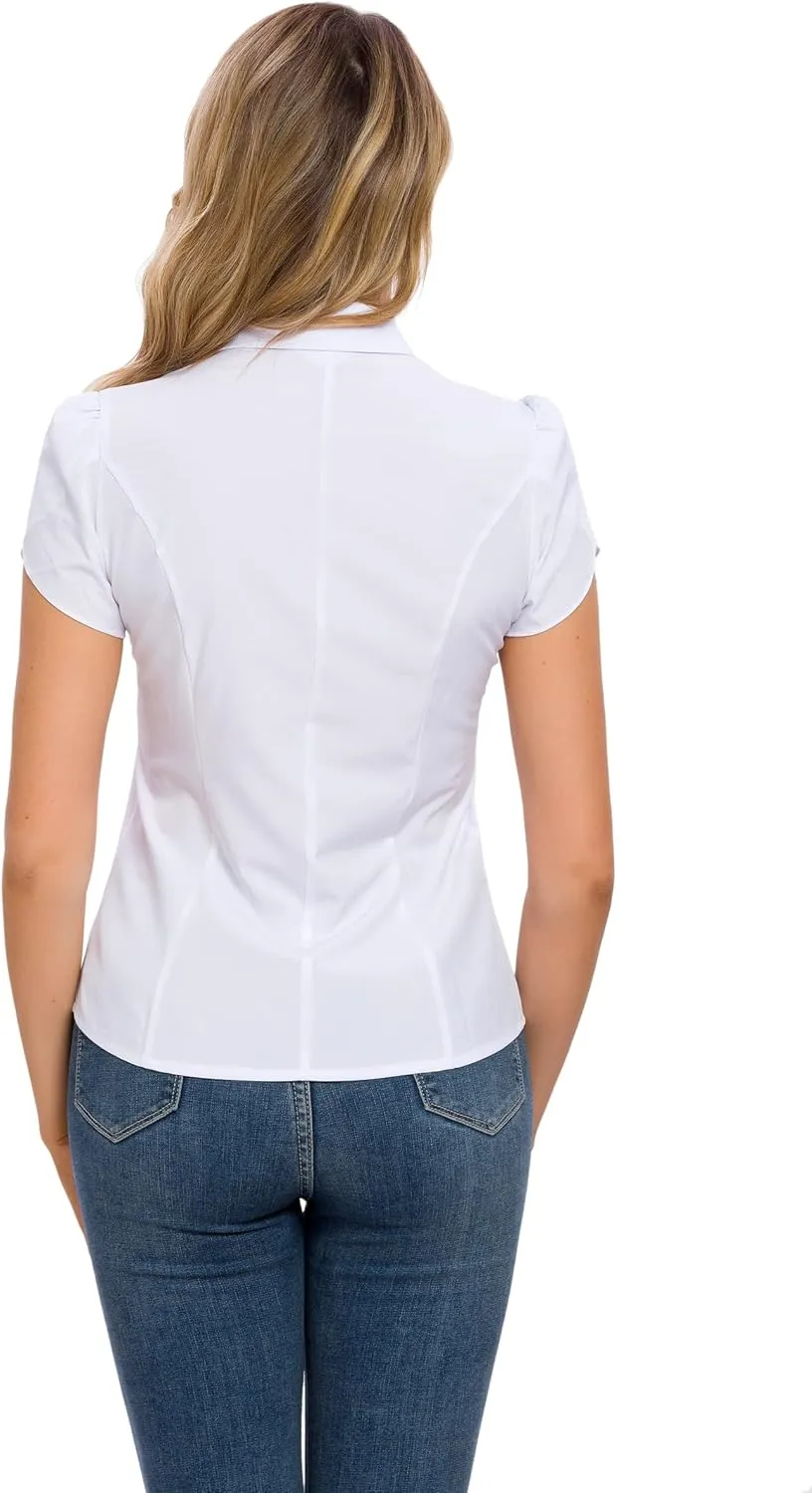 Women's Cotton Collared Business Casual Button Down Blouse Tulip Sleeve Shirt