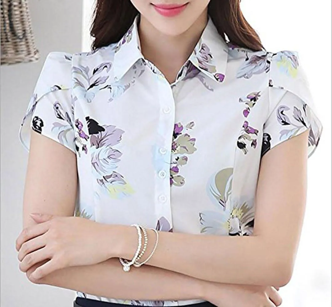 Women's Cotton Collared Business Casual Button Down Blouse Tulip Sleeve Shirt