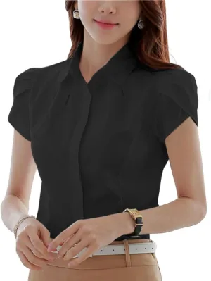 Women's Cotton Collared Business Casual Button Down Blouse Tulip Sleeve Shirt