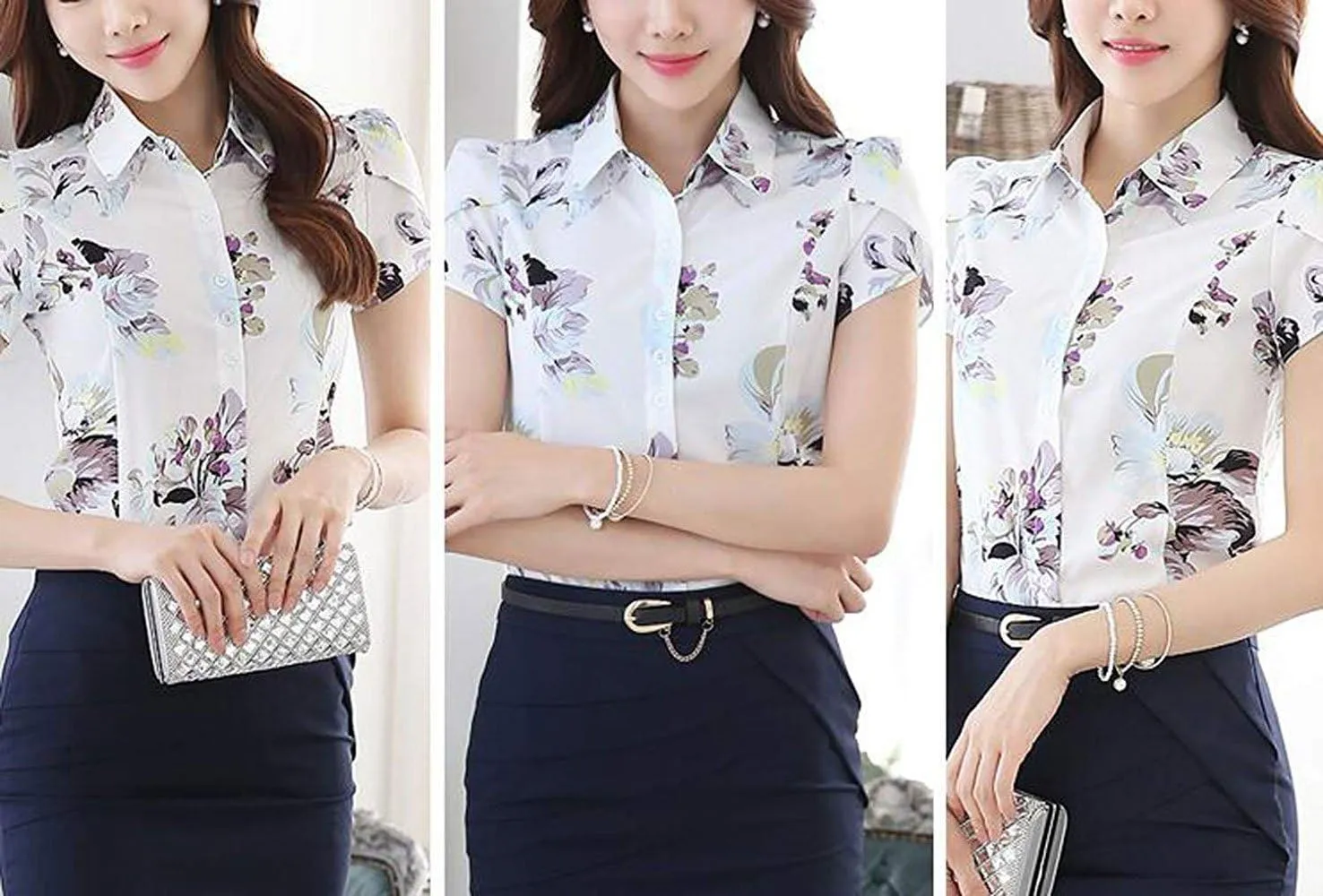 Women's Cotton Collared Business Casual Button Down Blouse Tulip Sleeve Shirt