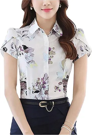 Women's Cotton Collared Business Casual Button Down Blouse Tulip Sleeve Shirt