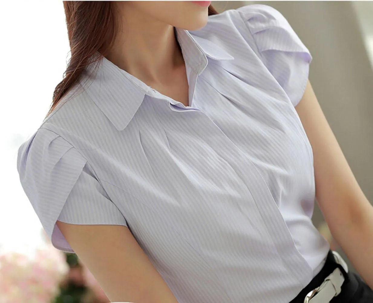 Women's Cotton Collared Business Casual Button Down Blouse Tulip Sleeve Shirt