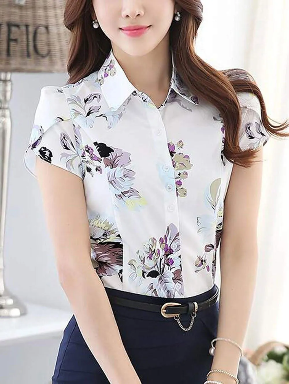 Women's Cotton Collared Business Casual Button Down Blouse Tulip Sleeve Shirt