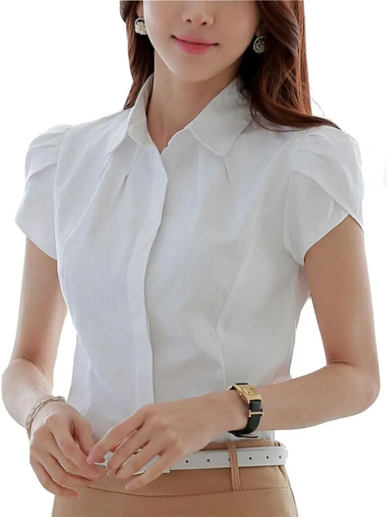 Women's Cotton Collared Business Casual Button Down Blouse Tulip Sleeve Shirt