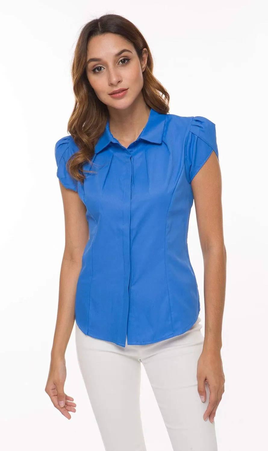 Women's Cotton Collared Business Casual Button Down Blouse Tulip Sleeve Shirt
