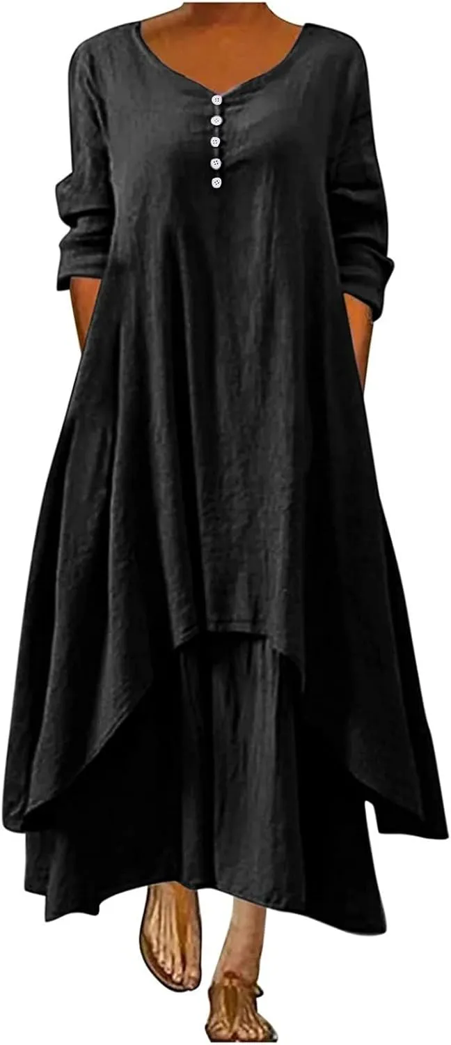 Women's Cotton Linen Dresses Irregular Hem Shirt Dress with Pockets Cotton Linen Dress Summer Midi Dresses