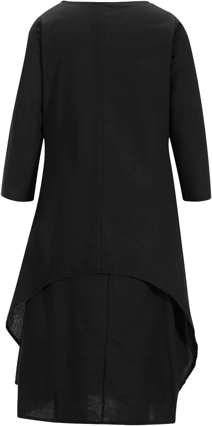 Women's Cotton Linen Dresses Irregular Hem Shirt Dress with Pockets Cotton Linen Dress Summer Midi Dresses