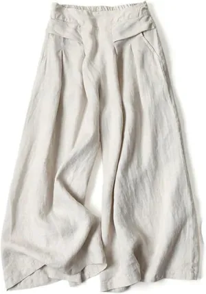 Womens Cotton Linen Palazzo Pants Casual High Elastic Waist Wide Leg Pants Summer Comfortable Flowy Pant