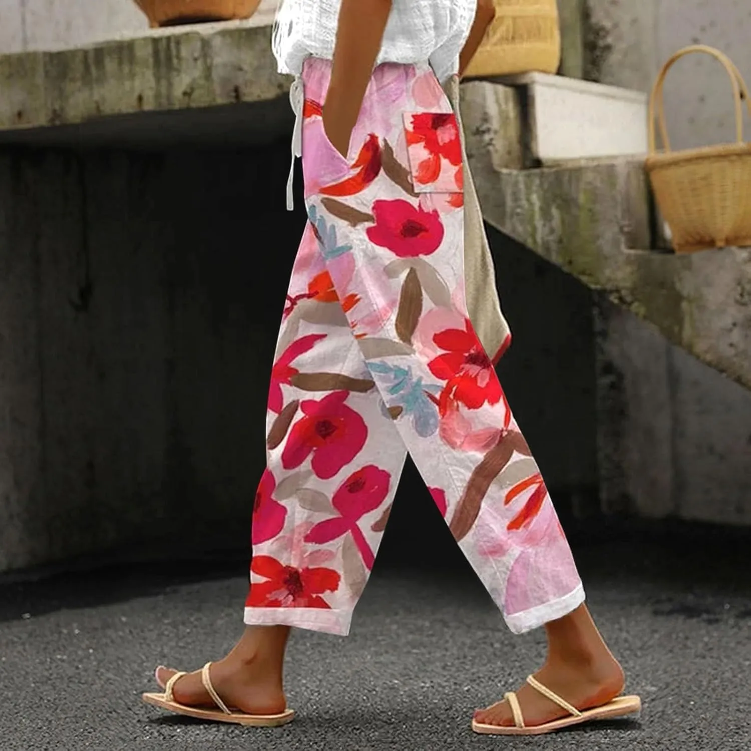 Womens Cotton Linen Pants Casual Drawstring Capri Linen Pants for Women White